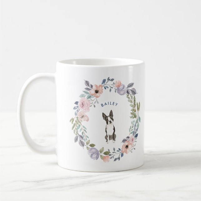 Pretty Watercolor Floral | Boston Terrier Dog Coffee Mug (Left)