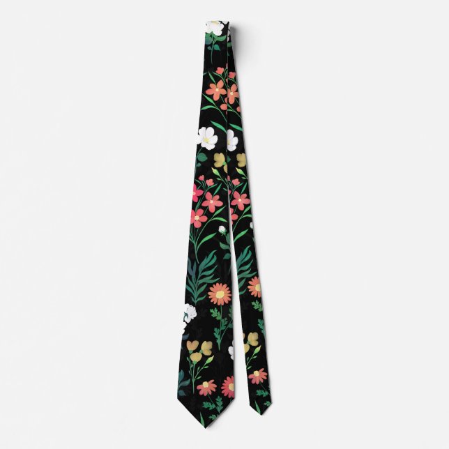 Pretty Watercolor Floral Botanical Black Pattern Tie (Front)