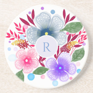 Pretty Watercolor Floral Bouquet Monogram Coaster