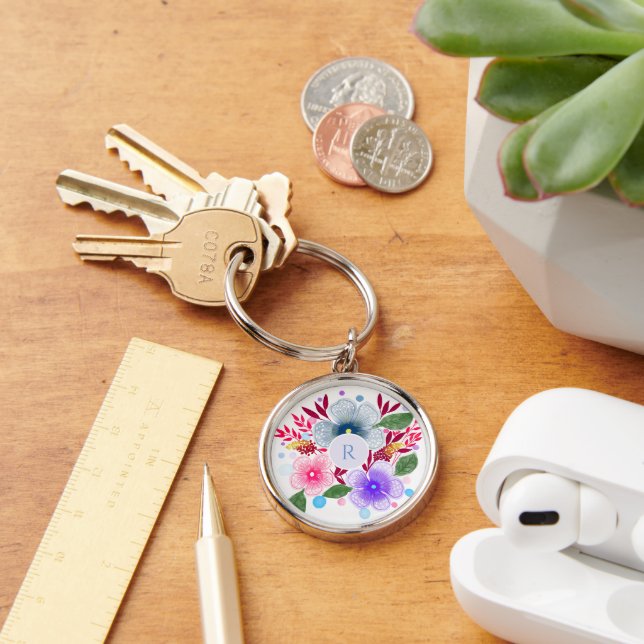 Pretty Watercolor Floral Bouquet Monogram Keychain (Desk)