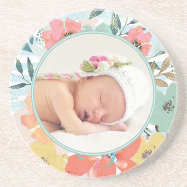 Pretty Watercolor Floral Custom Photo Coaster (Front)