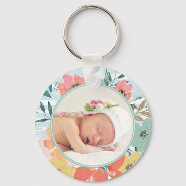 Pretty Watercolor Floral Custom Photo Keychain (Front)