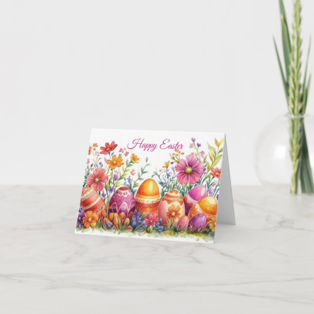 Pretty Watercolor Floral Easter Egg Holiday Card (Front)