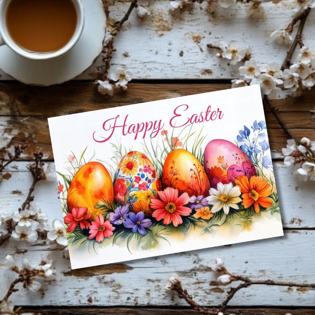 Pretty Watercolor Floral Easter Eggs Holiday Card (Creator Uploaded)