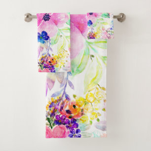 Pretty watercolor floral hand paint design bath towel set