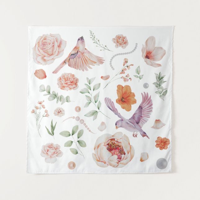 Pretty Watercolor Floral Hummingbird Pattern Tapestry (Front)