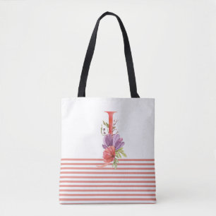 Pretty Watercolor Floral Letter "J" Pink Stripe Tote Bag