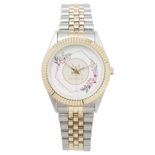 Pretty Watercolor Floral Modern Geometric Monogram Watch (Front)
