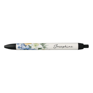 Pretty Watercolor Floral Personalized Name Black Ink Pen