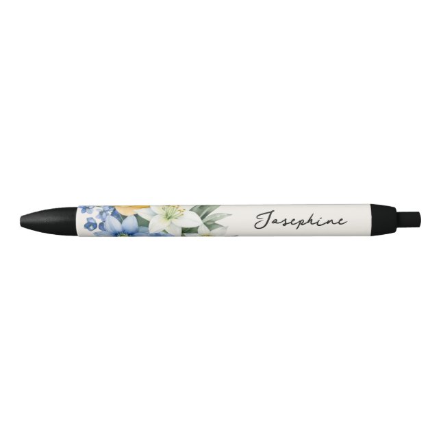 Pretty Watercolor Floral Personalized Name Black Ink Pen (Front)