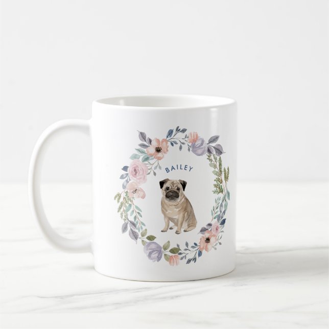 Pretty Watercolor Floral | Pug Dog Coffee Mug (Left)