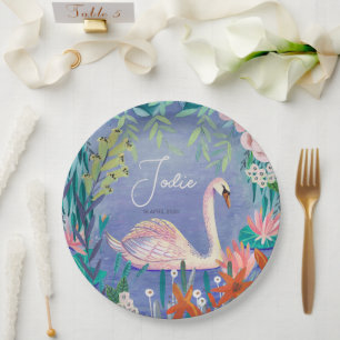 Pretty Watercolor Floral Swan Princess Name Paper Plate