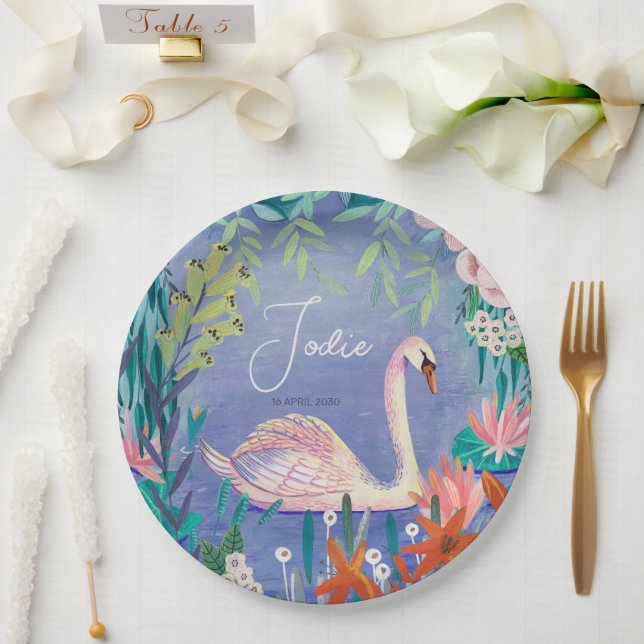 Pretty Watercolor Floral Swan Princess Name Paper Plate (Wedding)