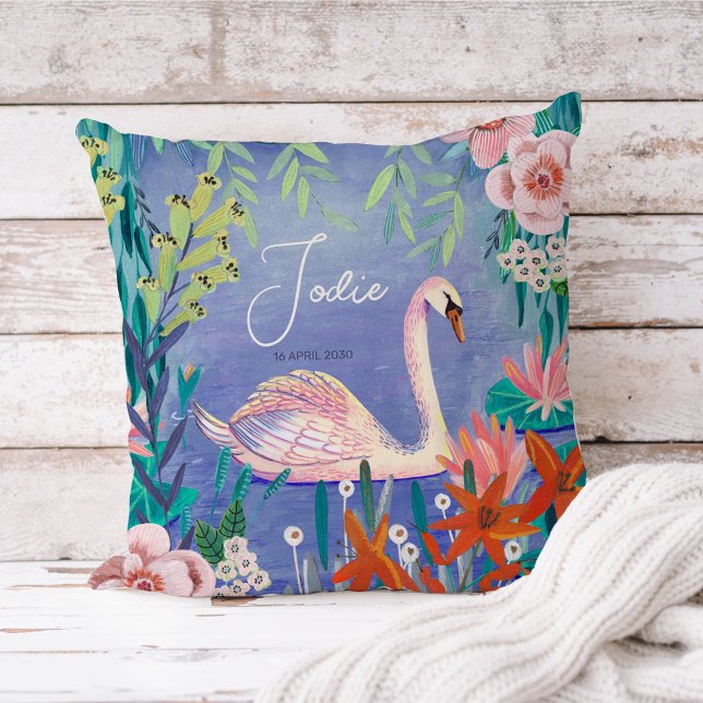 Pretty Watercolor Floral Swan Princess Name Throw  Pillow (Creator Uploaded)