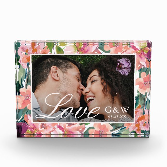 Pretty Watercolor Floral with Monograms Photo Block (Front)