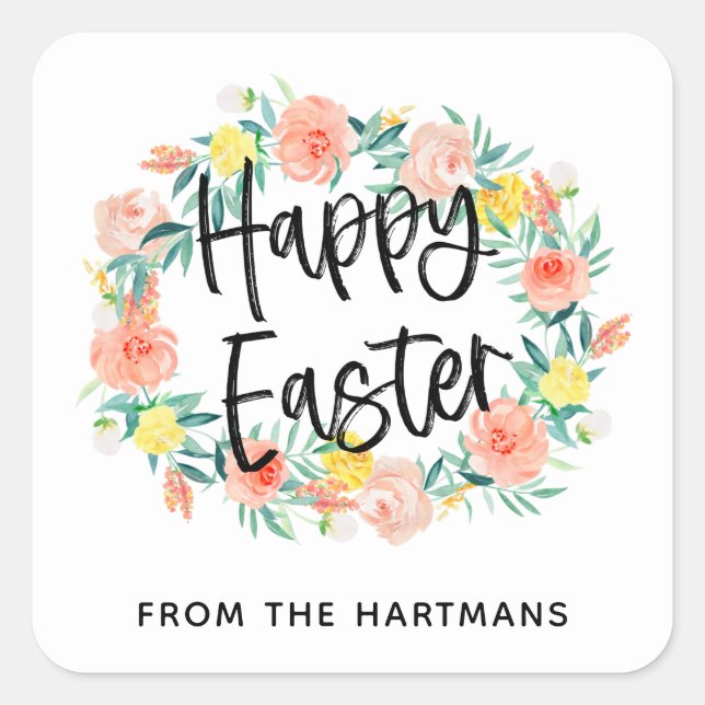 Pretty Watercolor Floral Wreath Happy Easter Square Sticker (Front)