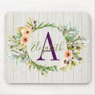 Pretty Watercolor Floral Wreath Monogrammed Mouse Pad