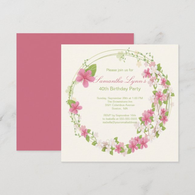 Pretty Watercolor Flower Wreath Birthday Party Invitation (Front/Back)