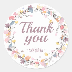 Pretty Watercolor Flower Wreath Thank You Classic Round Sticker