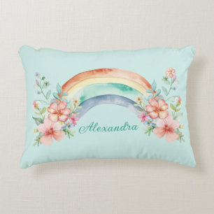 Pretty Watercolor Flowers and Rainbow Accent Pillow