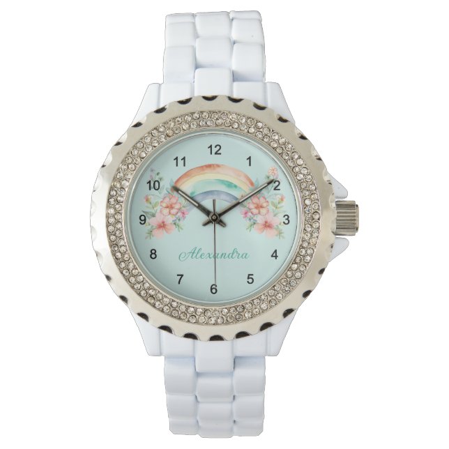 Pretty Watercolor Flowers and Rainbow Watch (Front)