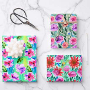 Pretty Watercolor Flowers Birthday Wrapping Paper Sheet
