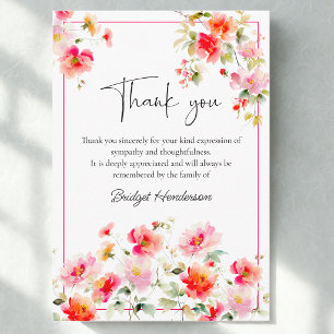 Pretty Watercolor Flowers Bright Pink Funeral Thank You Card