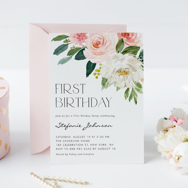 Pretty Watercolor Flowers Garden First Birthday Invitation (Creator Uploaded)