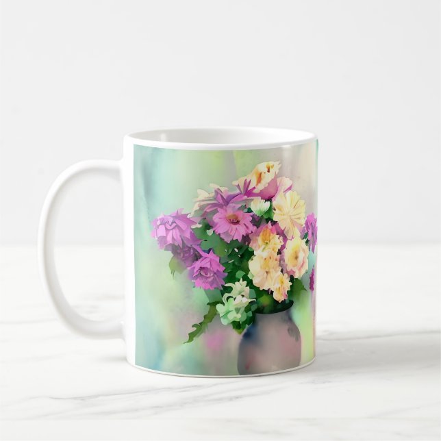 Pretty Watercolor Flowers in Vase Coffee Mug (Left)