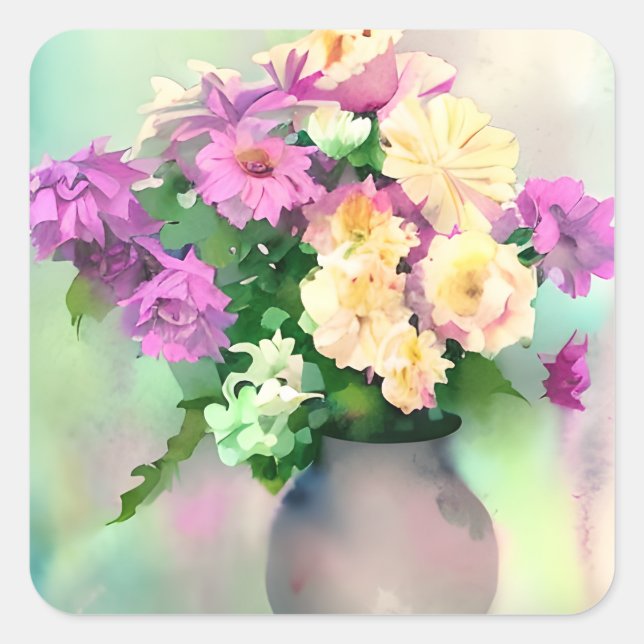 Pretty Watercolor Flowers in Vase Square Sticker (Front)