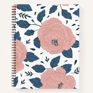 Pretty watercolor flowers l Pink and navy on white Notebook