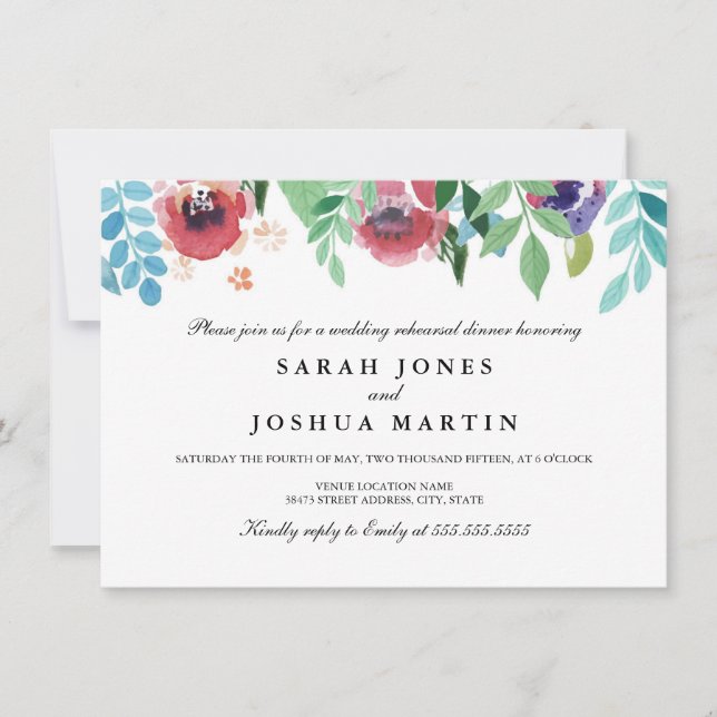 Pretty Watercolor Flowers Rehearsal Dinner Invite (Front)