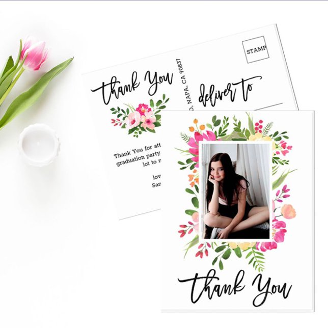 Pretty Watercolor Flowers Script Photo Thank You Postcard (Creator Uploaded)