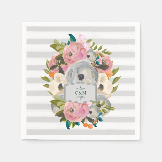 Pretty Watercolor Flowers with Chic Grey Stripes Napkin (Front)