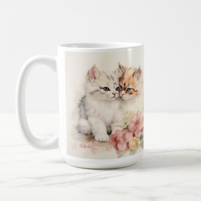 PRETTY WATERCOLOR FLUFFY TABBY KITTENS COFFEE MUG (Left)