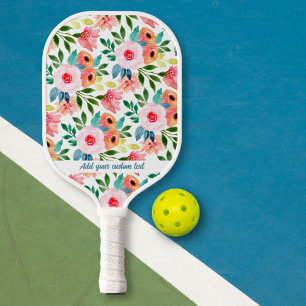 Pretty Watercolor Garden Flowers Custom Text Pickleball Paddle