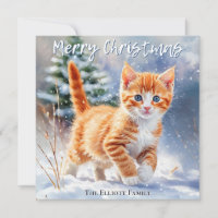 Pretty Watercolor Ginger Kitten Snow Christmas