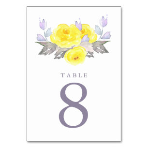 Pretty Watercolor Grey Yellow Purple Roses Wedding Table Number