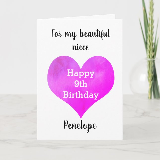 Pretty Watercolor Heart 9th Birthday Card (Front)