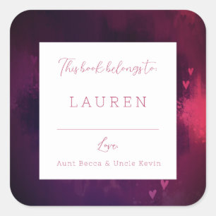 Pretty Watercolor Hearts Valentine Bookplate Square Sticker