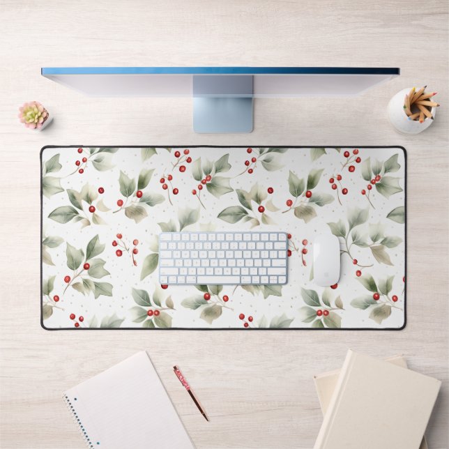 Pretty Watercolor Holly and Berries Desk Mat (Office 1)