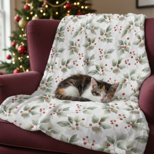 Pretty Watercolor Holly and Berries Fleece Blanket