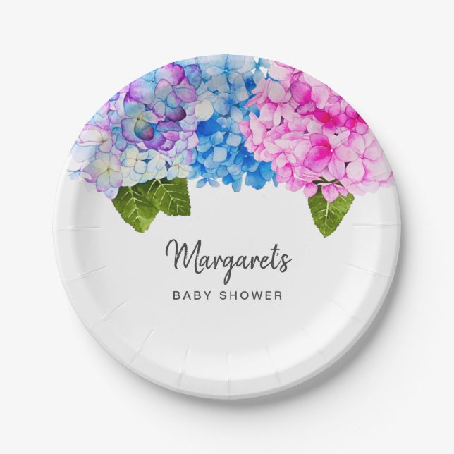 Pretty Watercolor Hydrangea Flowers | Baby Shower Paper Plate (Front)