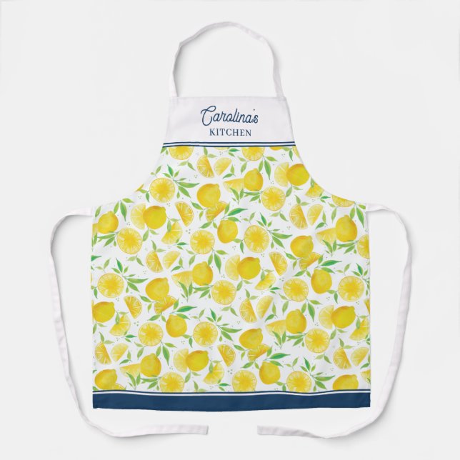 Pretty Watercolor Lemon Citrus Name Apron (Front)