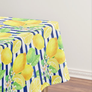 Pretty Watercolor Lemons on Blue Stripes Tablecloth