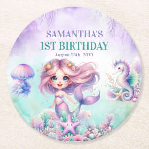 Pretty watercolor mermaid watercolor purple teal round paper coaster