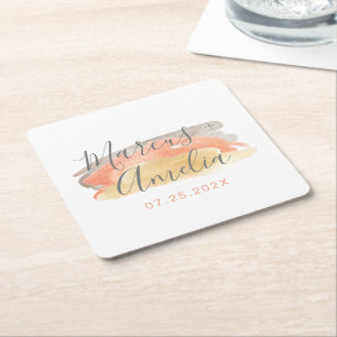 Pretty Watercolor Minimalist Wedding Square Paper Coaster