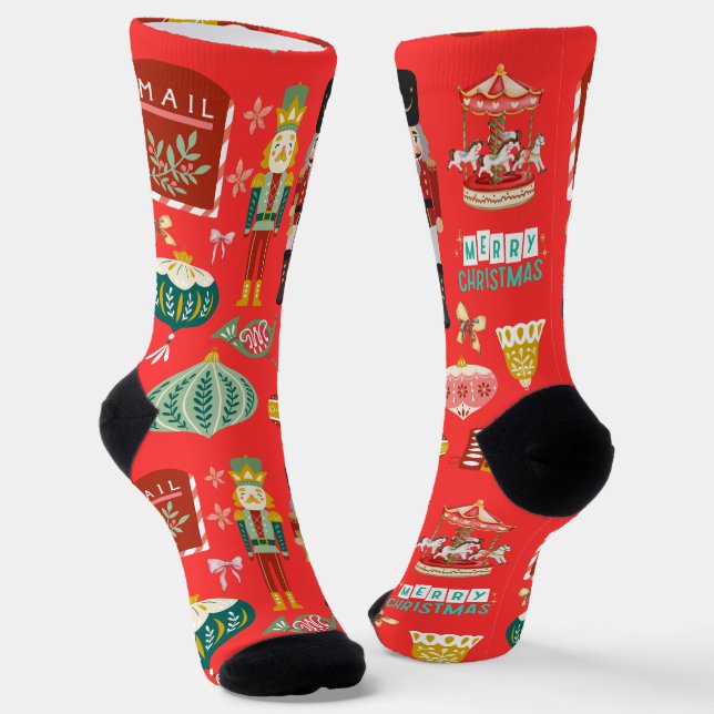 Pretty watercolor nutcracker Traditional red Socks (Angled)
