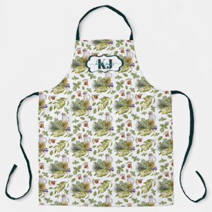 Pretty Watercolor Olive Oil Pattern Monogram Apron