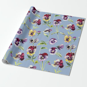 Pretty Watercolor Pansies Pattern Cerulean Blue  Wrapping Paper
